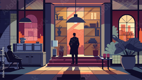 Vector art of a man stands in a grand hall with a view of the city at sunset