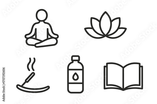 Minimalist wellness and meditation line icon set. Yoga, lotus flower, incense, hydration, and reading for a healthy lifestyle. Vector symbols for relaxation and mindfulness concept.