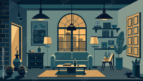 Vector art of a cozy living room with a view of the city at night illustration