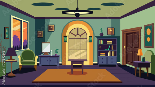 Vector art of classic living room interior with furniture in retro style illustration