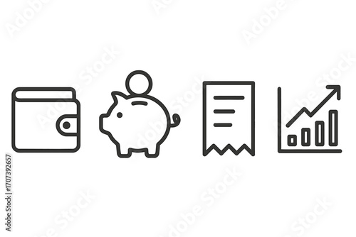 Minimalistic finance icons set featuring wallet, piggy bank with coin, receipt, and upward growth chart, vector cartoon illustration, transparent background, ordered set for business and savings