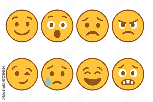 Set of eight simple emoji faces showing various emotions, expressions, feelings, moods and reactions, cartoon vector illustration with transparent background, ordered emoji set for social media use