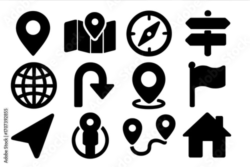 Navigation and location icons set in bold silhouette style, vector cartoon illustration with transparent background, map markers, compass, globe, flag, directional arrows, home symbol