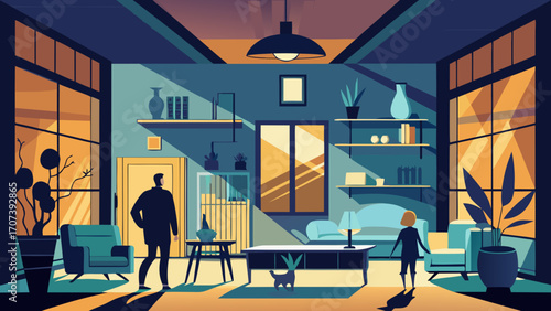 Vector art of modern living room interior with people, furniture, and plants at sunset