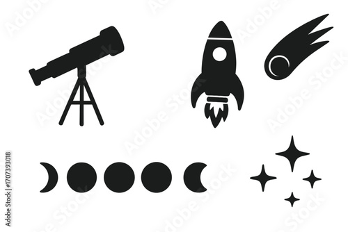 Silhouette planetary icons set with telescope, rocket, comet, moon phases, sparkling stars design, space exploration vector cartoon illustration with transparent background