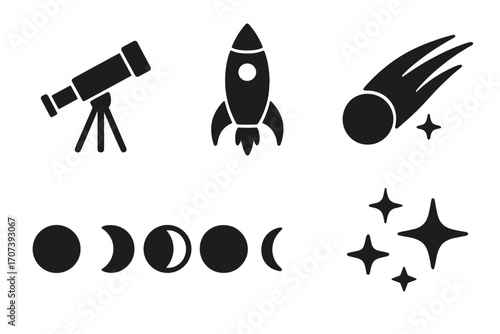 Silhouette planetary icons set including telescope, rocket, comet, moon phases, and stars in vector cartoon style with transparent background, ordered collection for space and astronomy designs