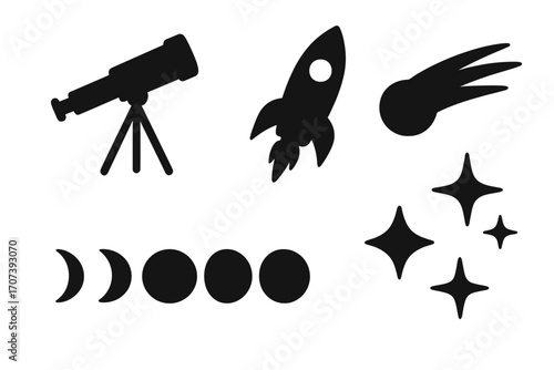 Silhouette planetary icons set with telescope, rocket, comet, moon phases, stars. Space exploration, astronomy, cosmos symbols in black vector cartoon style with transparent background.
