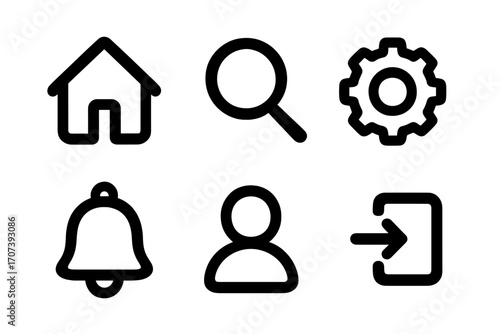 Simple black icon set featuring home, search, gear, bell, user, and login symbols. Vector cartoon illustration with transparent background, ordered clean user interface icons for websites and apps