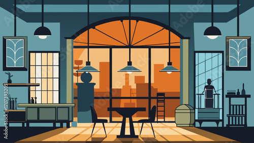 Vector art of stylish interior design of a modern apartment with city view at sunset
