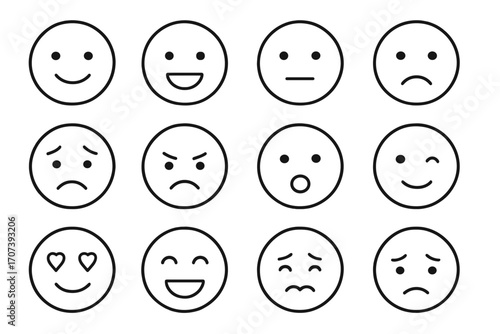 Simple line art emoji set showing diverse human emotions, feelings, expressions, and moods, vector cartoon faces collection with transparent background, minimalistic emoticons