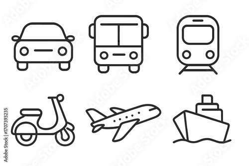Simple linear icons of transportation modes including car, bus, train, scooter, airplane, and ship, vector cartoon illustration with transparent background, travel and transport symbols