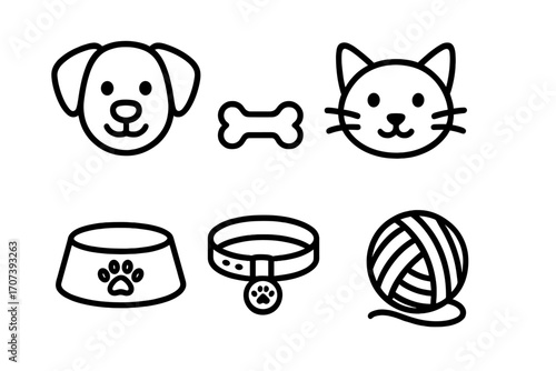 Simple pet icon set with dog and cat faces, bone, food bowl, collar, and yarn ball in linear cartoon style, vector illustration with transparent background, ordered collection for pet lovers