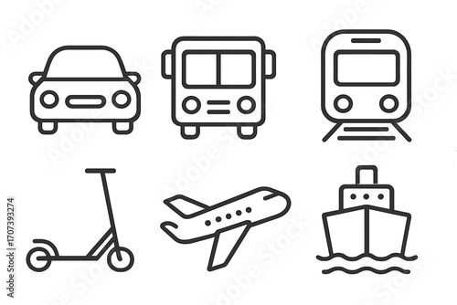 Simple linear icons of transportation modes including car, bus, train, scooter, airplane, and ship, vector illustration with transparent background for travel, transport, and commuting concepts