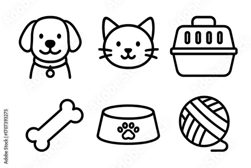Simple pet icon set with dog, cat, bone, bowl, yarn ball, and carrier, linear style vector cartoon illustration, transparent background, pet care and animal accessories collection