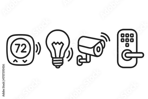 Smart Home Devices Icons Set with Thermostat, Light Bulb, Security Camera, and Keypad Door Lock in Modern Linear Style, Vector Cartoon Illustration Transparent Background