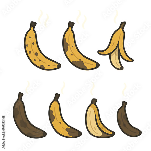 Icon set Rotten Banana Stages Cute Cartoon Vector Illustration, Banana Decay and Peel Process Flat Cartoon Vector Design, Spoiled Banana Progression Hand Drawn Food Waste Icons