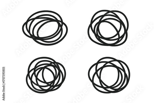 Tangled scribble vector doodle, black tangled lines set, chaotic round sketch illustration, hand-drawn tangled loops, abstract swirl scribble art, isolated transparent background