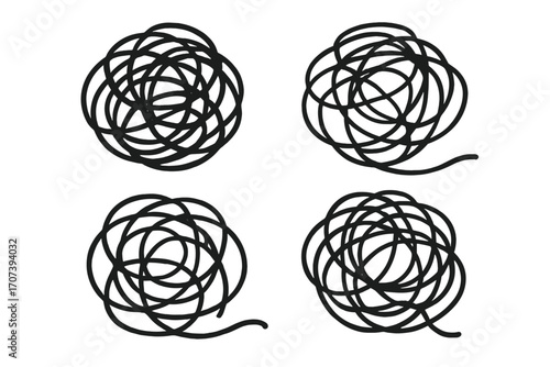 Tangled scribble clew vector outline style cartoon illustration set, chaotic wire ball, hand drawn tangled line art bundle with transparent background, abstract round swirl design