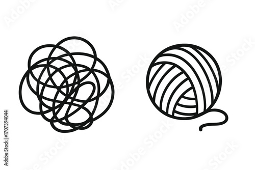 Tangled scribble and neat yarn ball vector illustration, simple style line art, abstract tangled thread, clean and messy string bundle, cartoon black outline design, knitting and crafting concept