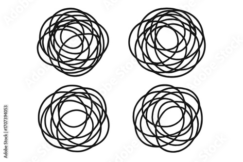 Abstract tangled scribble clew in outline style, chaotic black line art vector cartoon illustration, seamless pattern set, contemporary doodle design on transparent background