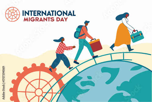 International Migrants Day. Diverse group of people with luggage moving across a stylized globe, pathways and bridges. Flat vector illustration.