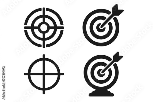 Target icons set, accuracy symbol, silhouette style, vector cartoon illustration collection with transparent background, aiming, dartboard, goal concept design, ordered set