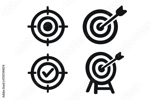 Target icon set with accuracy symbols, bullseye dartboard, check mark in crosshair, vector silhouette style, precise aim illustration, goal achievement concept, isolated design