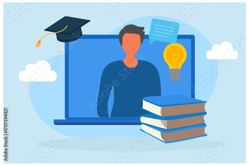 Online education and e-learning. Educational web seminar, internet classes, personal teacher service. Webinar, digital classroom, online teaching vector illustration