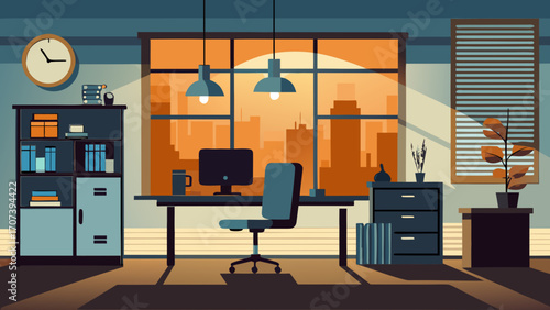 Vector art of office interior with desk, chair, computer, lamp and city view outside