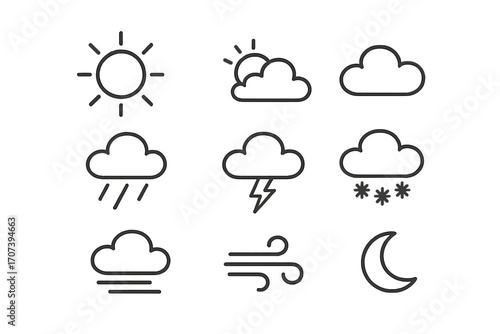 Weather icons set minimalist linear doodles of sun, clouds, rain, thunderstorm, snow, wind, fog, crescent moon, vector cartoon illustration, transparent background, ordered collection