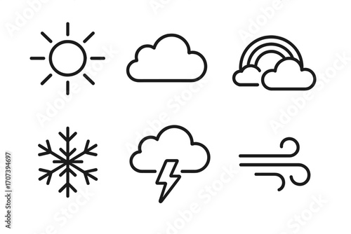 Weather icons set with sun, cloud, rainbow, snowflake, lightning, and wind in simple line art style, vector cartoon illustration, transparent background, ordered set design