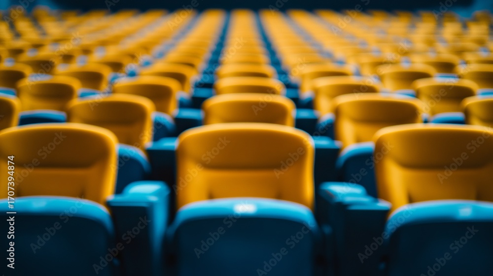 Naklejka premium Blurred view of rows of yellow and blue stadium seats