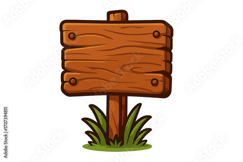Wooden signboard with grass decoration, rustic cartoon style, blank natural wood plank sign, outdoor nature rustic structure, wooden texture illustration for design