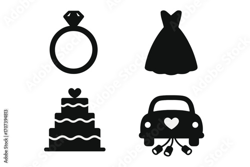 Elegant wedding icons set including diamond ring, bridal dress, tiered cake with heart, and decorated car silhouette, vector cartoon illustration, transparent background