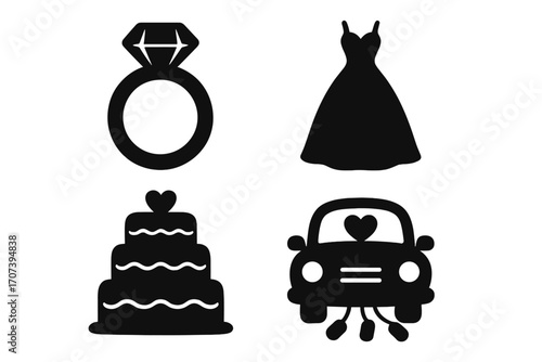Wedding icons set featuring diamond ring, elegant wedding dress, tiered wedding cake with heart, and decorated wedding car silhouette, vector cartoon illustration, transparent background, ordered set