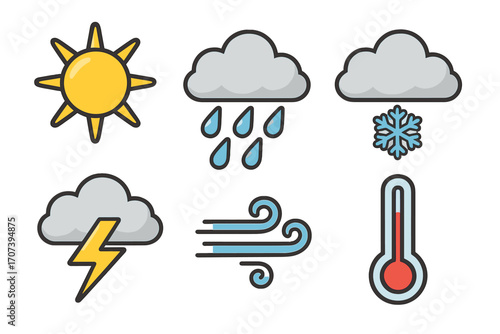 Weather icons set with sun, rain drops, snowflake, lightning bolt, wind swirl, and thermometer, colorful cartoon vector illustrations on transparent background, ordered collection