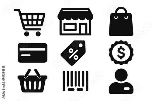 Simple black shopping and retail icons set for online and physical stores, vector illustration with transparent background, cart, basket, store, card, discount tag, barcode, customer, money symbol