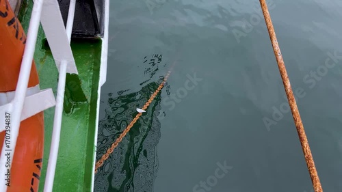 A seagull sits on a rusty chain of a yacht, ship
