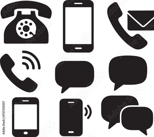 Communication Icon Set: A cohesive collection of minimalist, high-quality graphic icons, embodying both classic and modern communication tools for versatile design applications.