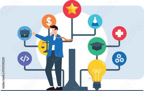 Flat illustration of businessman examining decision tree with various career options and paths