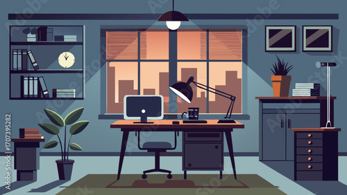 Illustration of a modern office interior with desk and cityscape view window