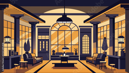 Vector art of elegant interior design of a luxurious villa with columns and large windows