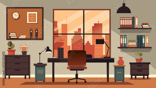 Vector art of a cozy home office interior with warm colors and a city view window