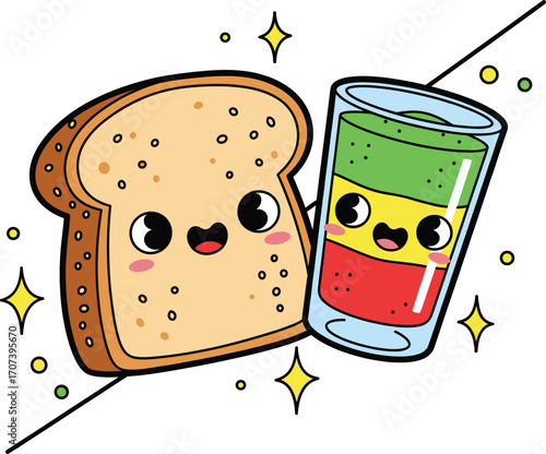 Cute Cartoon Breakfast Combo Bread and Smoothie Vector
