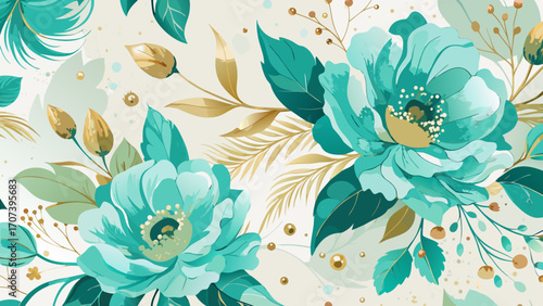 Vector art of floral pattern with turquoise flowers and golden leaves on a light background