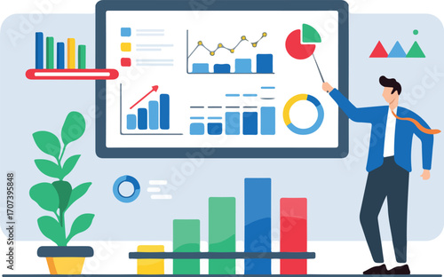 Flat illustration of man analyzing market trends through data visualization for strategic planning