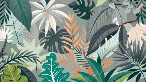Vector art of lush tropical foliage creates a vibrant and exotic botanical illustration