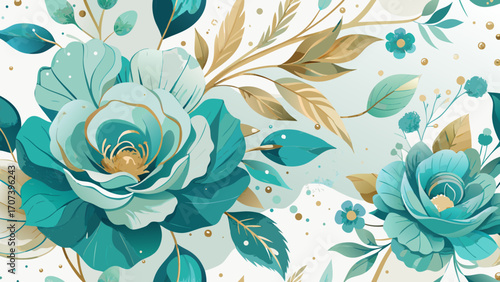 Vector art of elegant floral pattern with teal roses and golden leaves on
