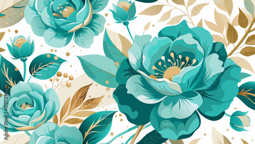 Vector art of floral pattern with turquoise roses and golden leaves