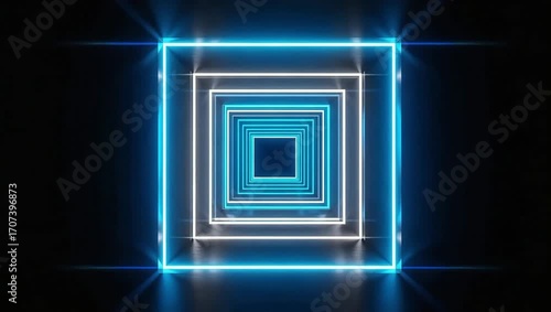 Futuristic neon square tunnel with glowing blue and white lights, an abstract animated background concept
